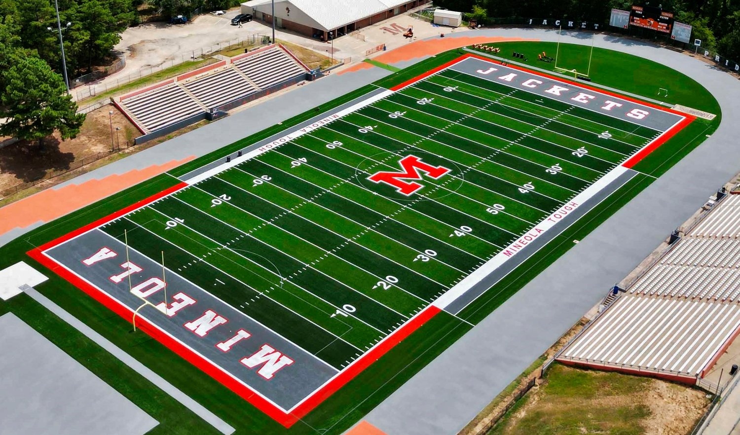 The makeover of Meredith Memorial Stadium in Mineola is nearly complete with lane markings left to complete the new track surface. Band and football students have already been putting the new field surface to good use.  Cost was $1.3 million.